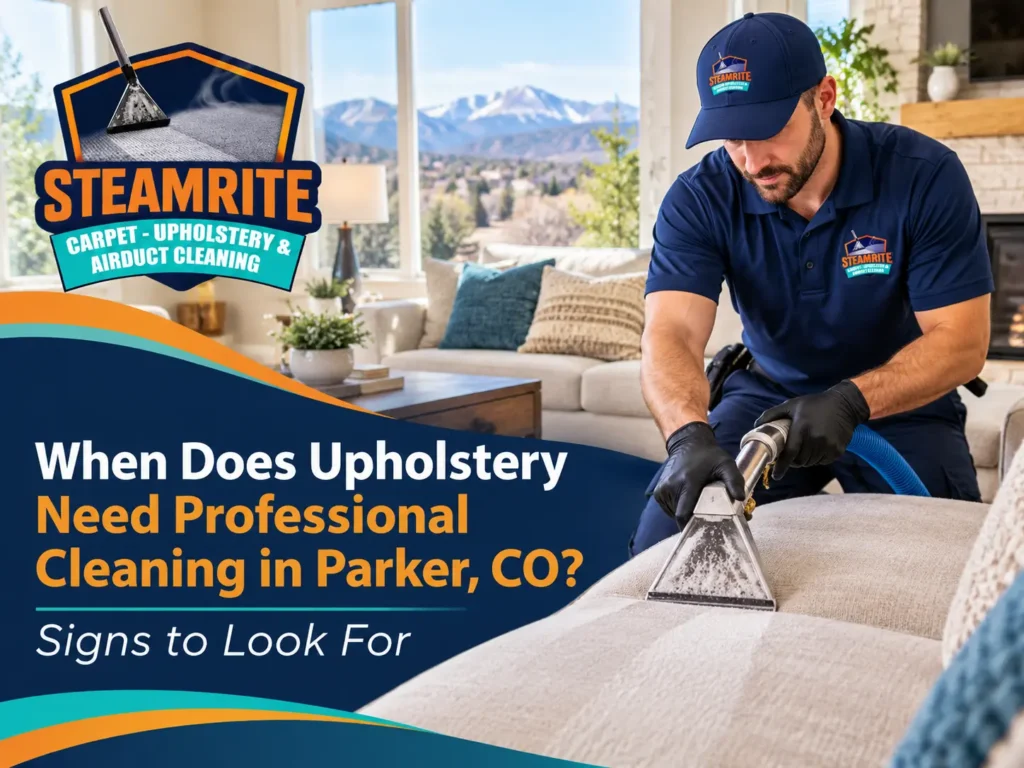 SteamRite technician professionally cleaning a fabric sofa using upholstery extraction equipment in a Parker, CO home, highlighting professional upholstery cleaning services.