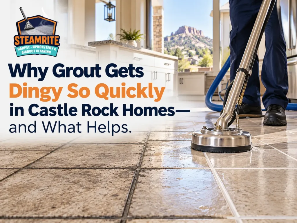SteamRite technician professionally cleaning dirty tile grout in a Castle Rock, CO home, showing the difference between stained grout lines and freshly cleaned tile flooring.