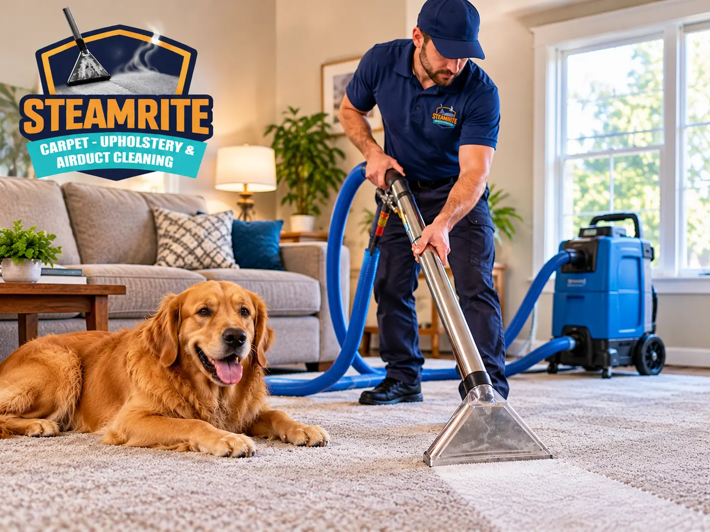 SteamRite technician professionally cleaning a living room carpet in a pet-friendly home in Parker, CO.